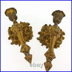 Pair Old European Style Ornate Taper Candle Holders Wall Sconces Antique Brass