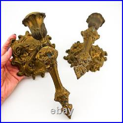 Pair Old European Style Ornate Taper Candle Holders Wall Sconces Antique Brass