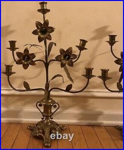 Pair Ornate Antique BRASS CANDELABRAS French Flowers Leaves Set Unique Old 22