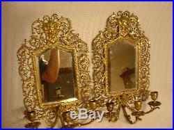 Pair Ornate Antique Victorian Brass Mirrored Wall Sconces with North Wind Faces