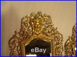 Pair Ornate Antique Victorian Brass Mirrored Wall Sconces with North Wind Faces