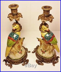 Pair Porcelain Birds, Brass Base Candlestick Holders with Hallmark