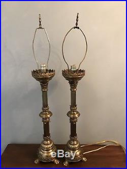 Pair Tall Antique Brass Lamps Church Altar Candle Holders Gothic Banquet Parlor