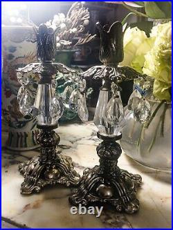 Pair True Antique Candelabra Candlesticks, Ornate Crystal And Brass, Excellent