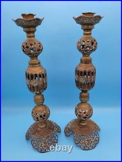 Pair VTG Brass Candle Stand Holder Candlestick Cage Taisho Period Early 1900's