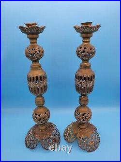 Pair VTG Brass Candle Stand Holder Candlestick Cage Taisho Period Early 1900's