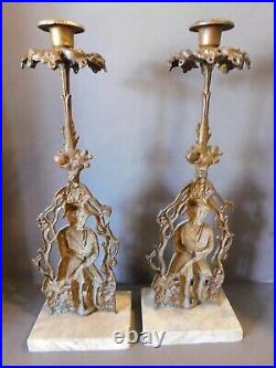 Pair Victorian Brass Marble Candle Holders Sticks Figural English Gentleman
