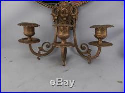 Pair Victorian Bronze or Brass Antique c1880 Round Wall Mirrors & Candle Sconces