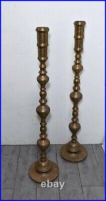 Pair Vintage 40 Tall Etched Brass Candlestick Candle Holder Floor Temple Altar