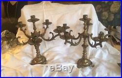 Pair Vintage Art Nouveau Brass 6 Candle 5 Arm CANDELABRAs Candlestick Holders