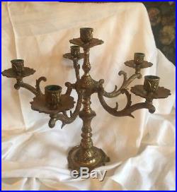 Pair Vintage Art Nouveau Brass 6 Candle 5 Arm CANDELABRAs Candlestick Holders