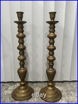 Pair Vintage Asian Brass Temple Altar Candleholders 22 high