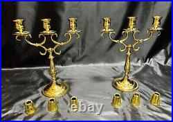 Pair Vintage Baldwin Brass 3 Arm 11 Candelabra Candlesticks with6 Brass Followers