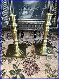 Pair Vintage Brass Candlesticks Candle Holders Heavy 8 Tall Square Footed Base