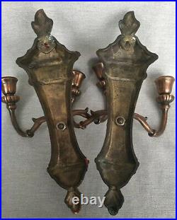 Pair Vintage Copper Brass Double Candle Holder Wall Sconces