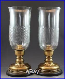 Pair Vintage Etched Glass & Polished Brass Hurricane Lamp Style Candle Holders