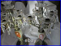 Pair Vintage Four Arm Solid Brass Candelabra, Polished Natural Stone, Prisms