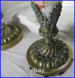 Pair Vintage Four Arm Solid Brass Candelabra, Polished Natural Stone, Prisms