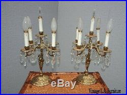 Pair Vintage French Provincial Crystal Candalabra Candle Holders Table Lamps