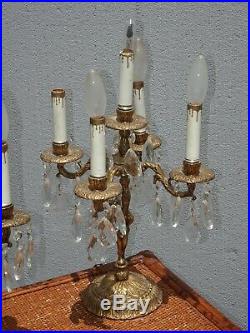 Pair Vintage French Provincial Crystal Candalabra Candle Holders Table Lamps