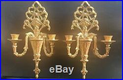 Pair Vintage Hollywood Regency Ornate Gold Red Brass Double Arm Candle Sconce