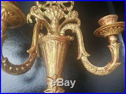 Pair Vintage Hollywood Regency Ornate Gold Red Brass Double Arm Candle Sconce
