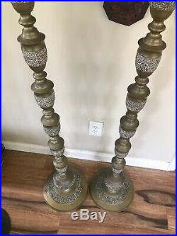 Pair Vintage Mid Century 56 Tall Etched Brass Alter/Floor Candlesticks