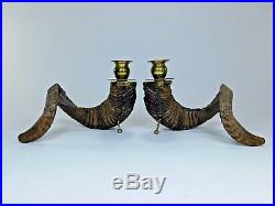 Pair Vintage Ram Horns Antler Candlestick Holder Brass Taxidermy Bookends Set 75