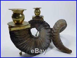 Pair Vintage Ram Horns Antler Candlestick Holder Brass Taxidermy Bookends Set 75