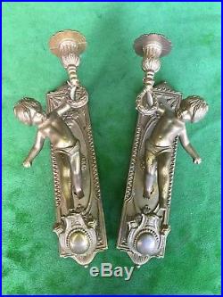 Pair Vintage Solid Heavy Brass Cherub Candle Stick Holder Wall Sconces Italian