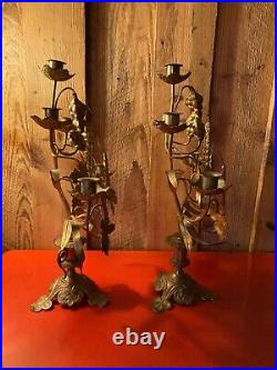 Pair Vintage Victorian Brass Church Altar Candelabras Leaves Flowers Grapes