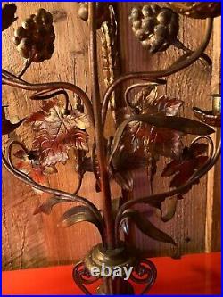Pair Vintage Victorian Brass Church Altar Candelabras Leaves Flowers Grapes