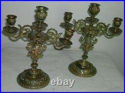 Pair Vtg Antique Ornate Brass Bronze Candelabra Candle Holder Lion Genie Face