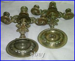 Pair Vtg Antique Ornate Brass Bronze Candelabra Candle Holder Lion Genie Face