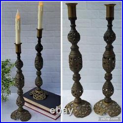 Pair Vtg Ornate Pierced Brass Candlesticks Taper Candle Holders 15T Altar Decor