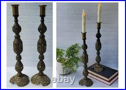 Pair Vtg Ornate Pierced Brass Candlesticks Taper Candle Holders 15T Altar Decor