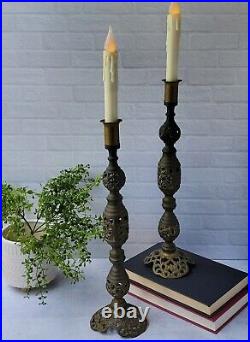 Pair Vtg Ornate Pierced Brass Candlesticks Taper Candle Holders 15T Altar Decor