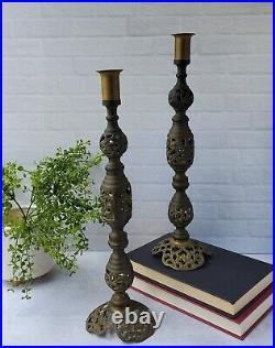 Pair Vtg Ornate Pierced Brass Candlesticks Taper Candle Holders 15T Altar Decor