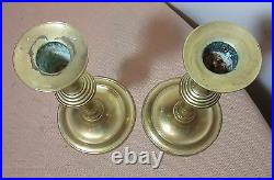 Pair antique 18th century brass push up shafts brass candlesticks candle holders