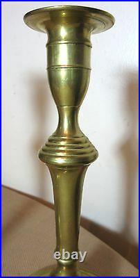 Pair antique 18th century brass push up shafts brass candlesticks candle holders