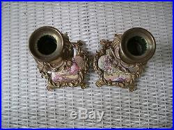 Pair antique Brass Hand Painted Victorian Porcelain candle holders