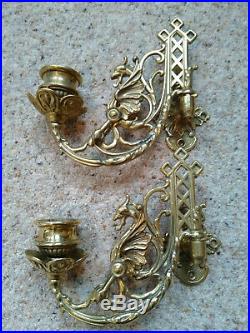 Pair antique Griffin/Dragon brass wall /piano candle holders Sconces Rare