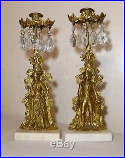 Pair antique ornate girandole dore bronze crystal candelabra brass candle holder