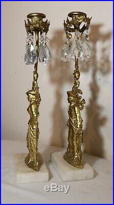 Pair antique ornate girandole dore bronze crystal candelabra brass candle holder