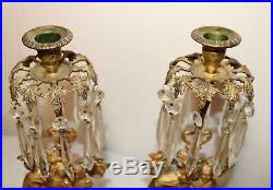 Pair antique ornate girandole dore bronze crystal candelabra candle holder brass