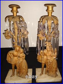 Pair antique ornate girandole dore bronze crystal candelabra candle holder brass