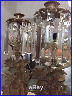 Pair antique ornate girandole gilt brass Prism crystal candelabra candle holder