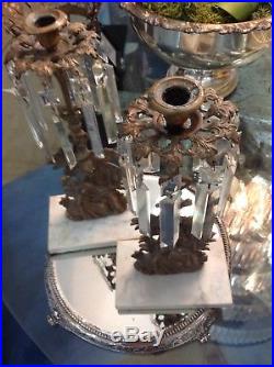 Pair antique ornate girandole gilt brass Prism crystal candelabra candle holder