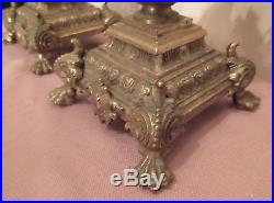 Pair large ornate antique 1800's Victorian heavy brass candelabras candle holder