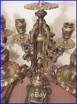 Pair large ornate antique 1800's Victorian heavy brass candelabras candle holder